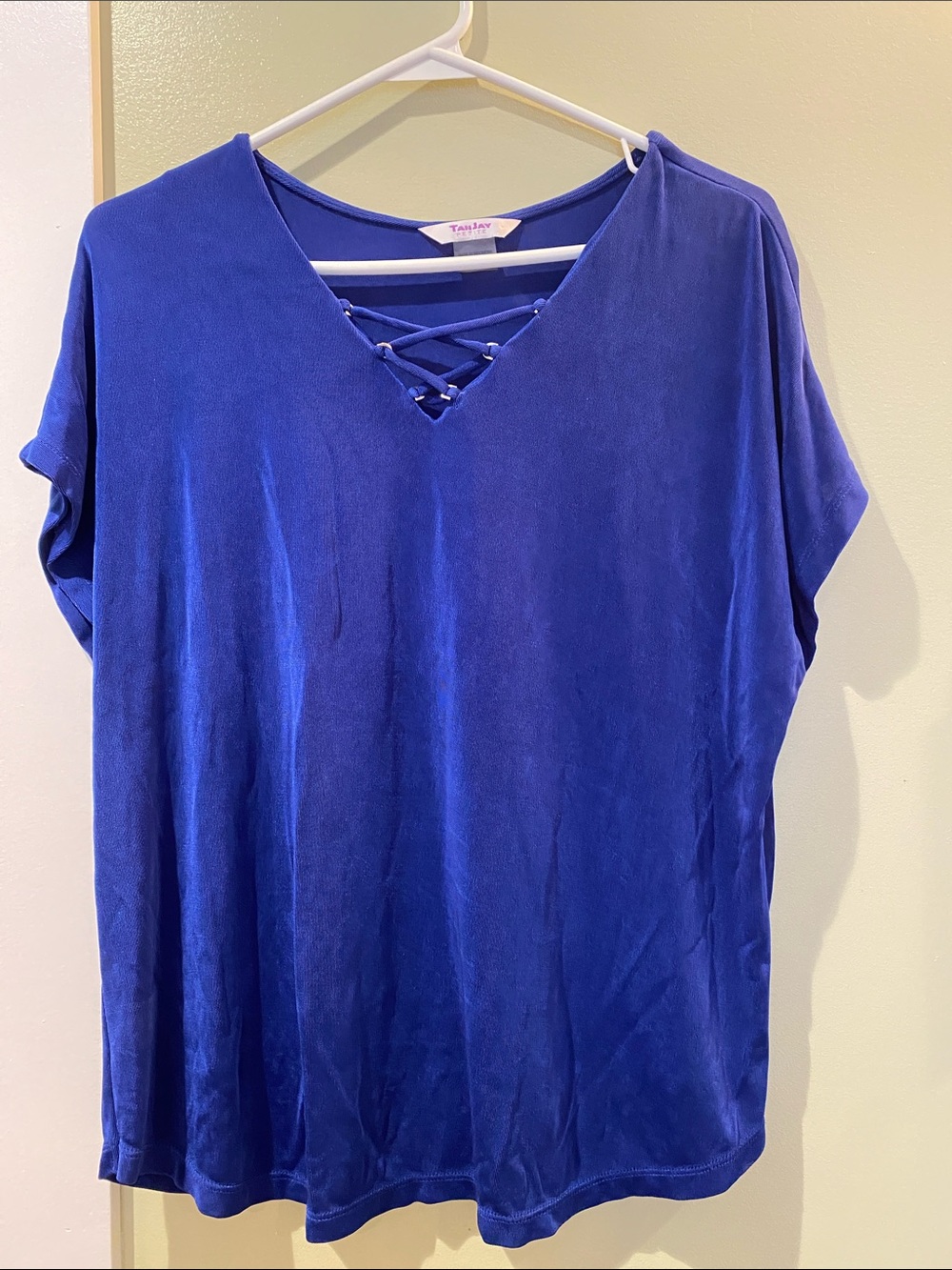 TanJay Royal Blue Short-Sleeve Lace-Up V-Neck Top